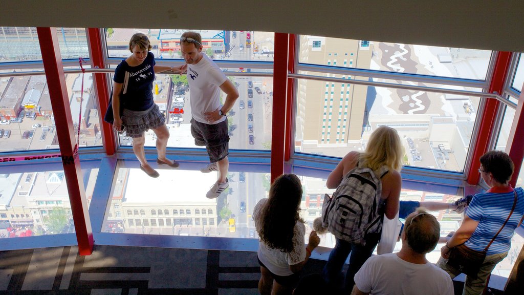 Calgary Tower que incluye vistas interiores y vistas y también un pequeño grupo de personas