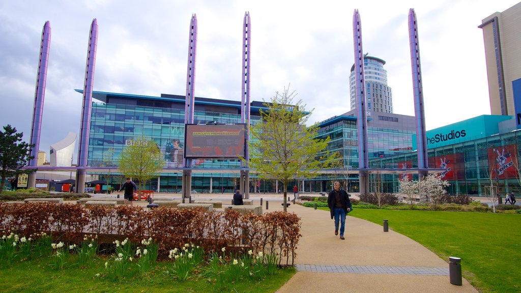 MediaCityUK ofreciendo arquitectura moderna, jardín y escenas de teatro