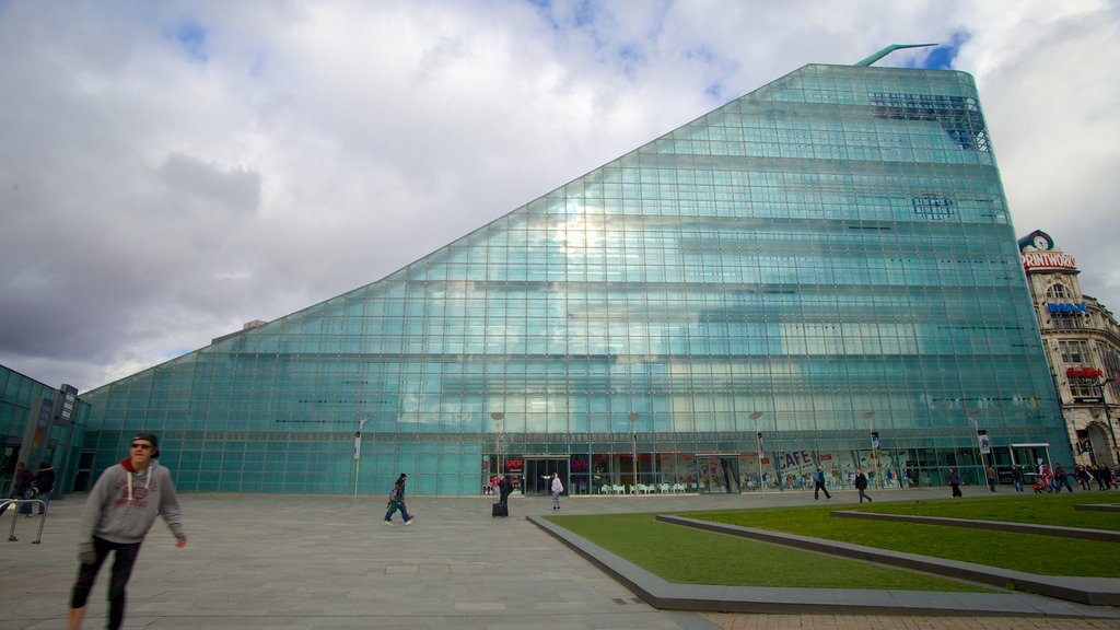 National Football Museum which includes a square or plaza and modern architecture