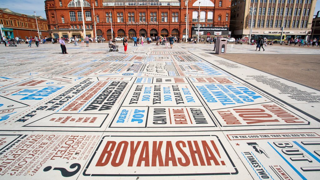 Blackpool Tower showing a square or plaza and outdoor art