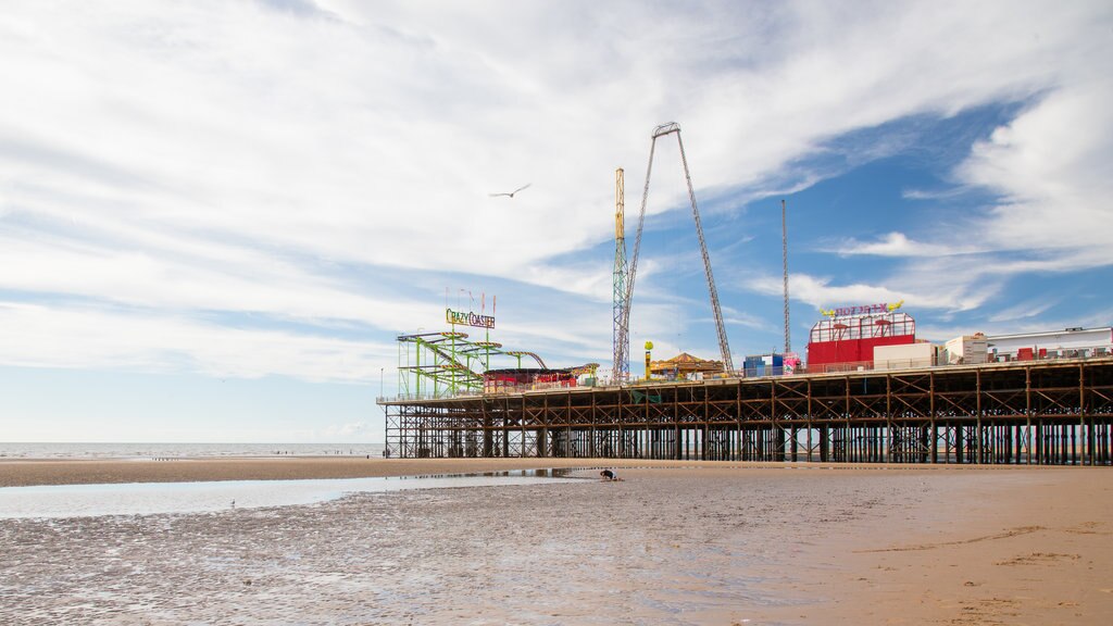 South Pier which includes a sandy beach and general coastal views