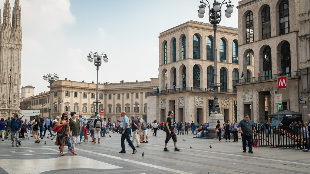 Piazza del Duomo que incluye patrimonio de arquitectura, escenas urbanas y un parque o plaza