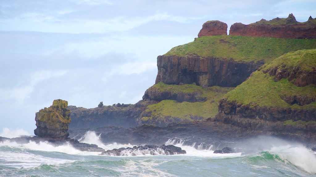 Giant\'s Causeway mostrando ondas, paisagens litorâneas e litoral acidentado