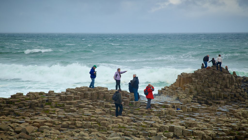 Giant\'s Causeway showing rocky coastline and surf as well as a small group of people