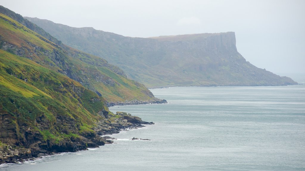 Torr Head montrant gorge ou canyon, côte rocheuse et brume ou brouillard