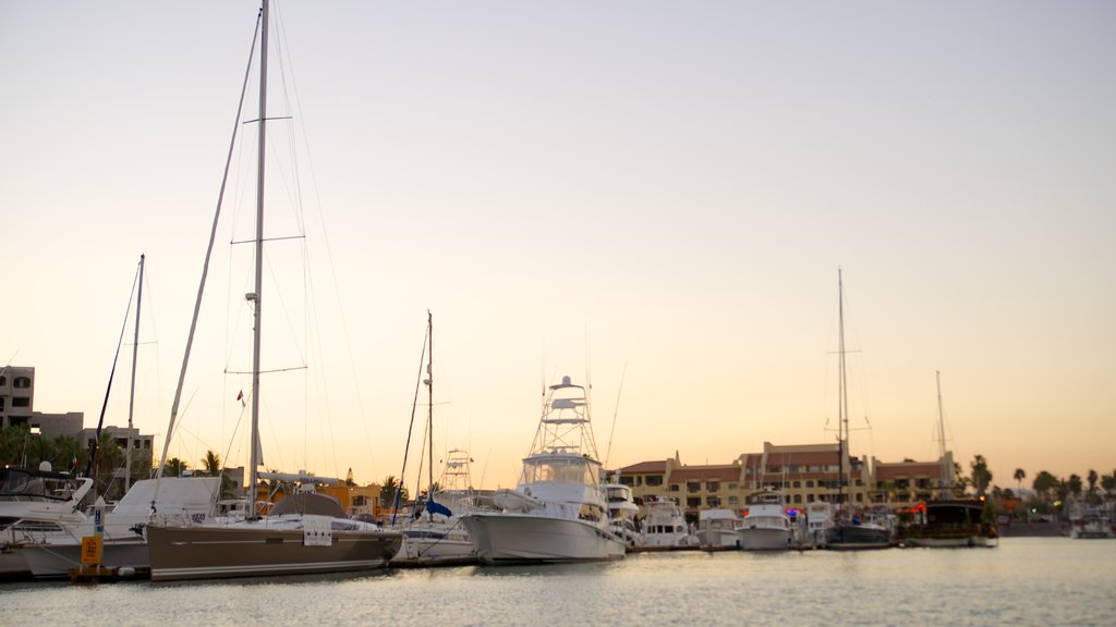 Marina Cabo San Lucas mostrando un club náutico y un atardecer