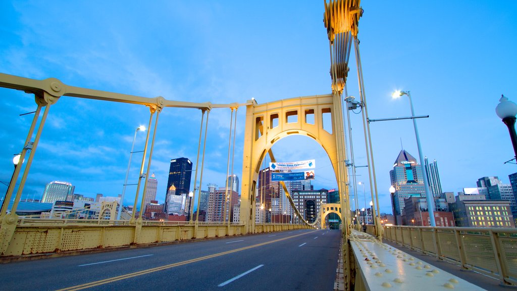 Roberto Clemente Bridge featuring night scenes, a bridge and street scenes