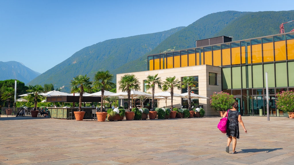 Balneario de Merano que incluye escenas urbanas y un parque o plaza y también una mujer