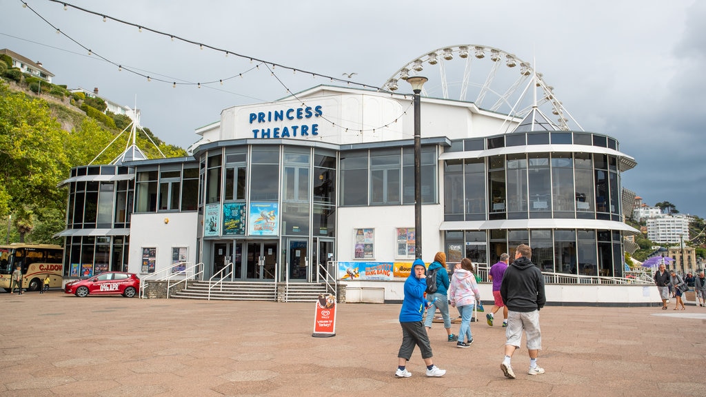 Princess Theatre showing street scenes and signage as well as a small group of people