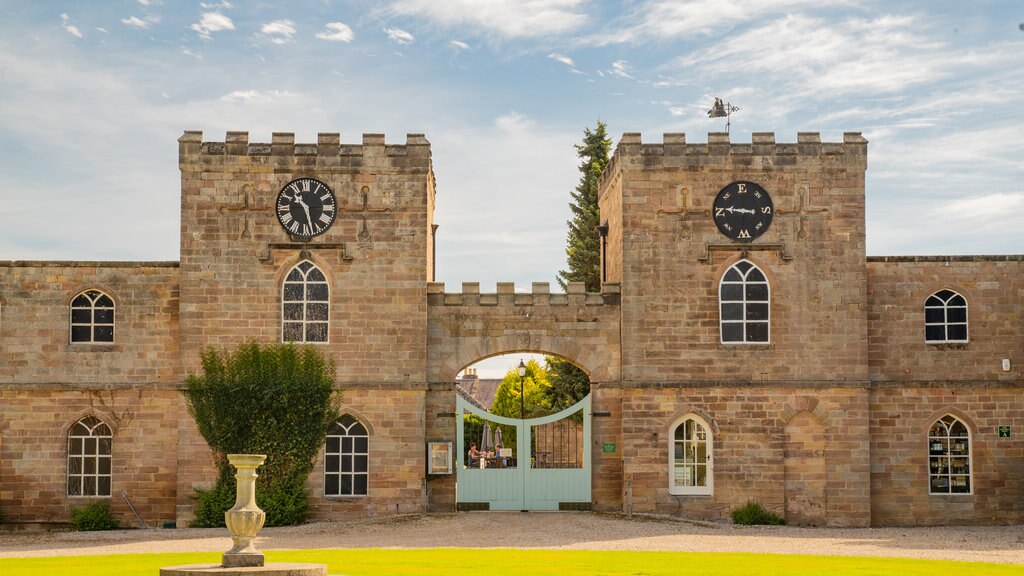 Ripley Castle and Gardens featuring a castle, a sunset and heritage architecture