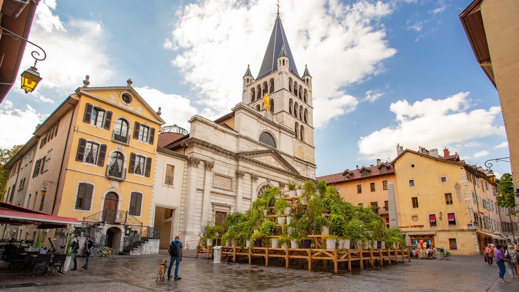 Catedral de Annecy que incluye imágenes de calles, arquitectura patrimonial y una iglesia o catedral