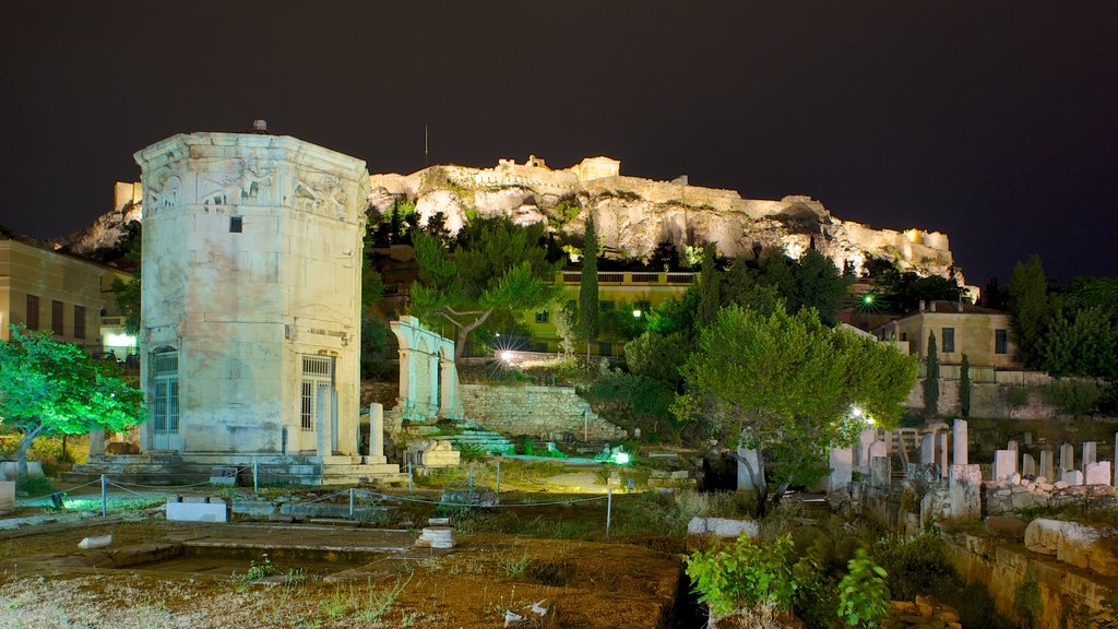 Athens which includes night scenes and heritage elements