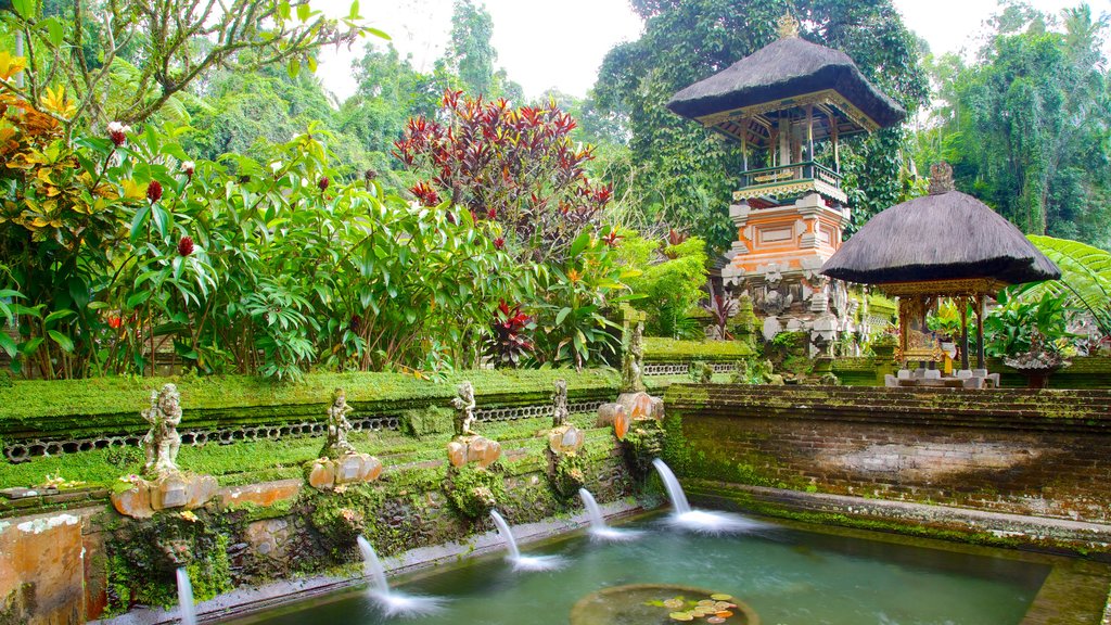 Templo Gunung Kawi que incluye un estanque, un parque y aspectos religiosos