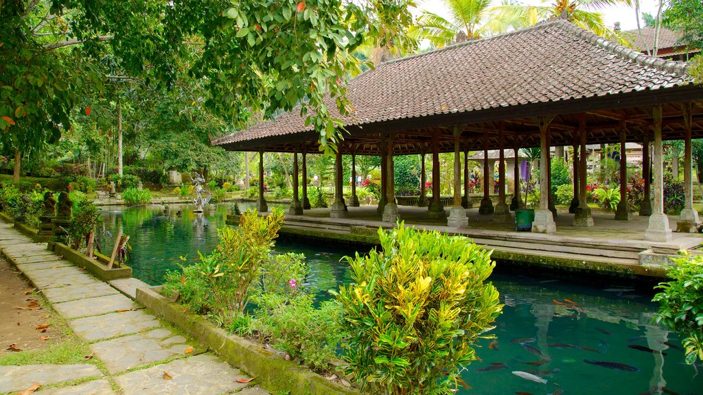 Gunung Kawi Temple showing a temple or place of worship, religious elements and a pond