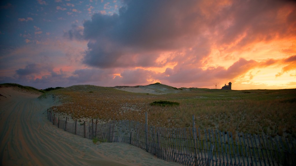 Playa de Race Point que incluye escenas tranquilas, un atardecer y vista panorámica