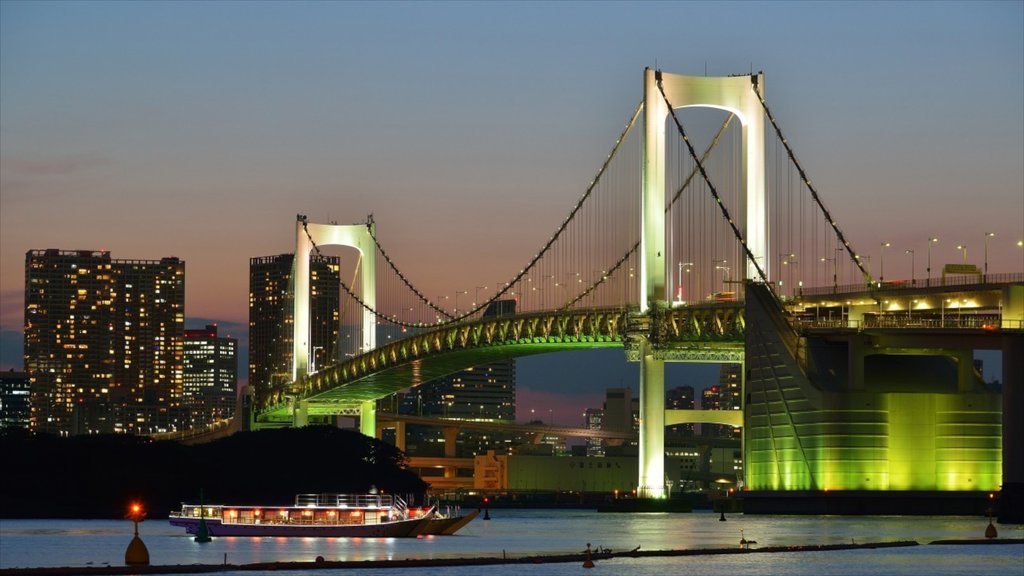 Rainbow Bridge showing a city, night scenes and general coastal views