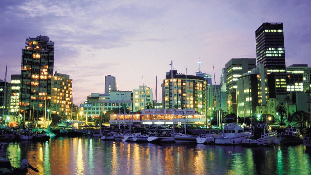 Durban showing a bay or harbour, a city and a marina