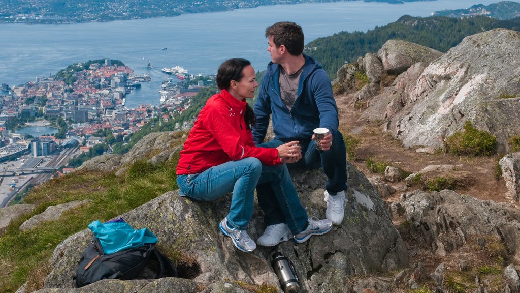 Teleférico de Ulriken que incluye vistas de una costa y también una pareja