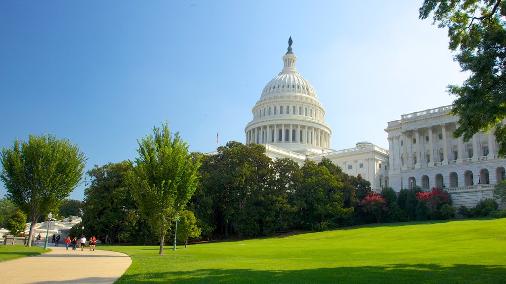 United States Capitol showing a park, an administrative building and heritage architecture