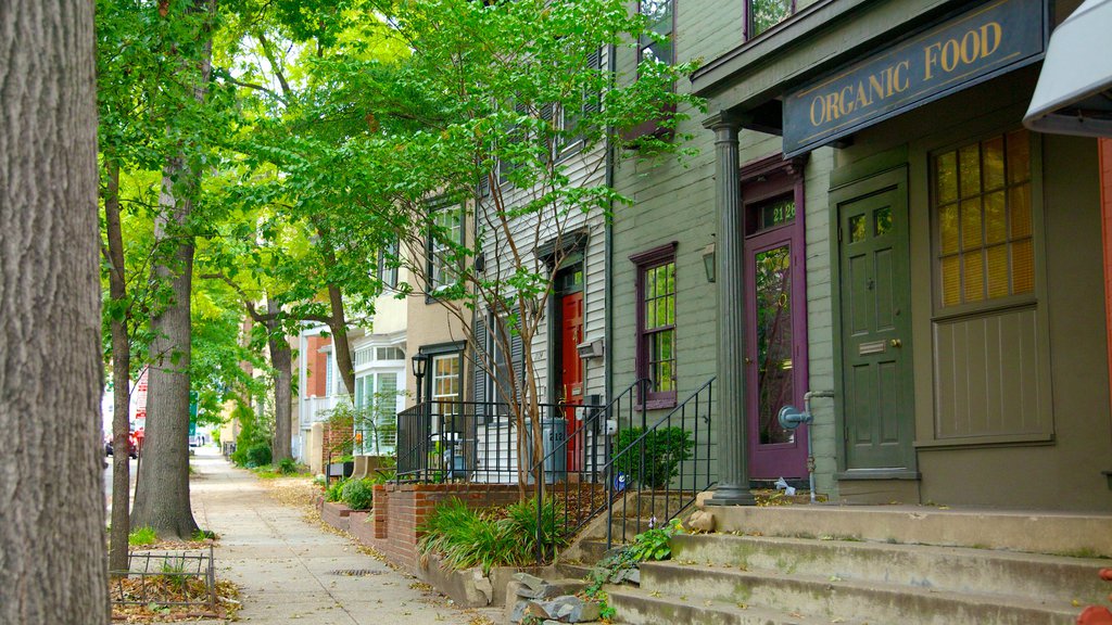 Dupont Circle og byder på skiltning, et hus og gadeliv