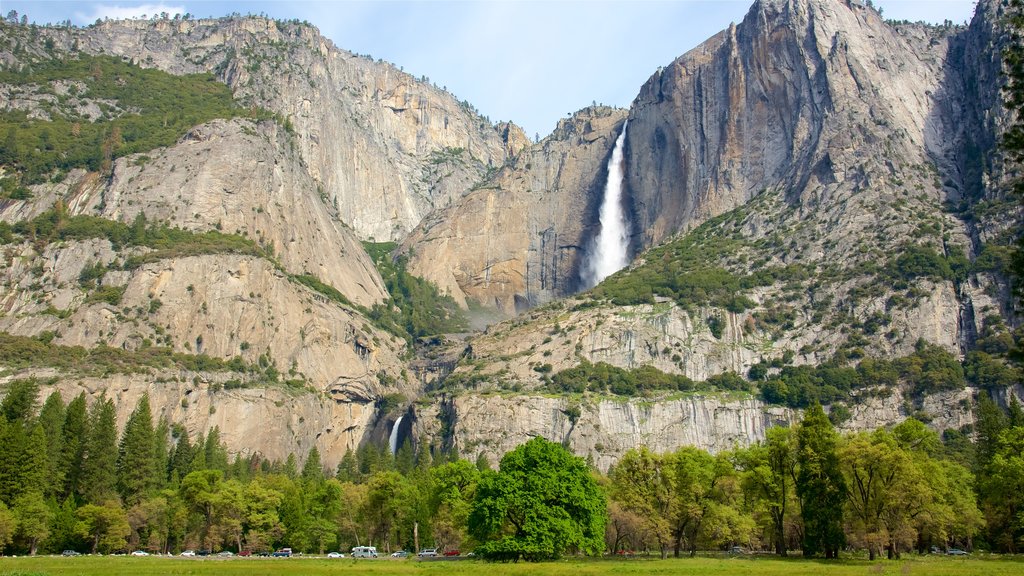 Lower Yosemite Falls featuring mountains and a waterfall