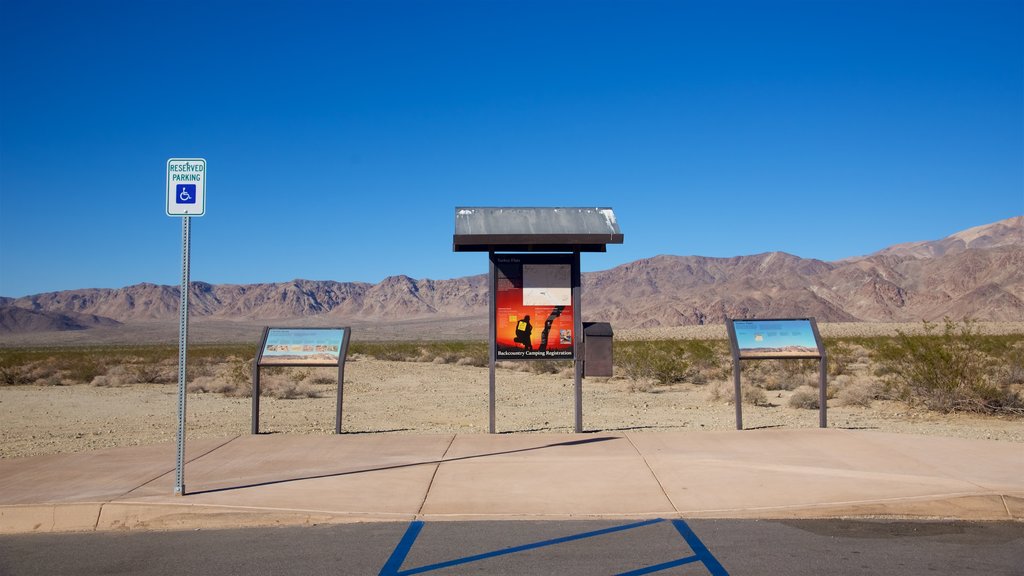 Cottonwood Springs showing signage, desert views and landscape views