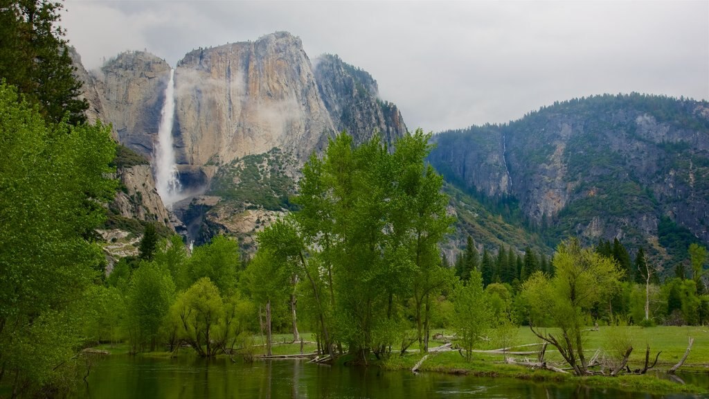 Swinging Bridge Picnic Area featuring a cascade, a pond and mountains