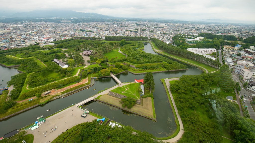 Goryokaku Tower featuring landscape views, a city and a river or creek