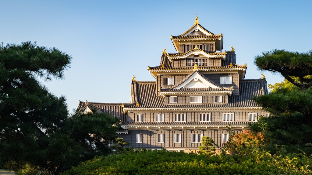 Castelo de Okayama caracterizando arquitetura de patrimônio e um pôr do sol