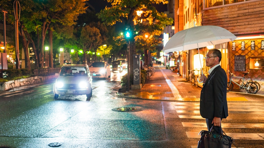 Japan featuring night scenes and street scenes as well as an individual male