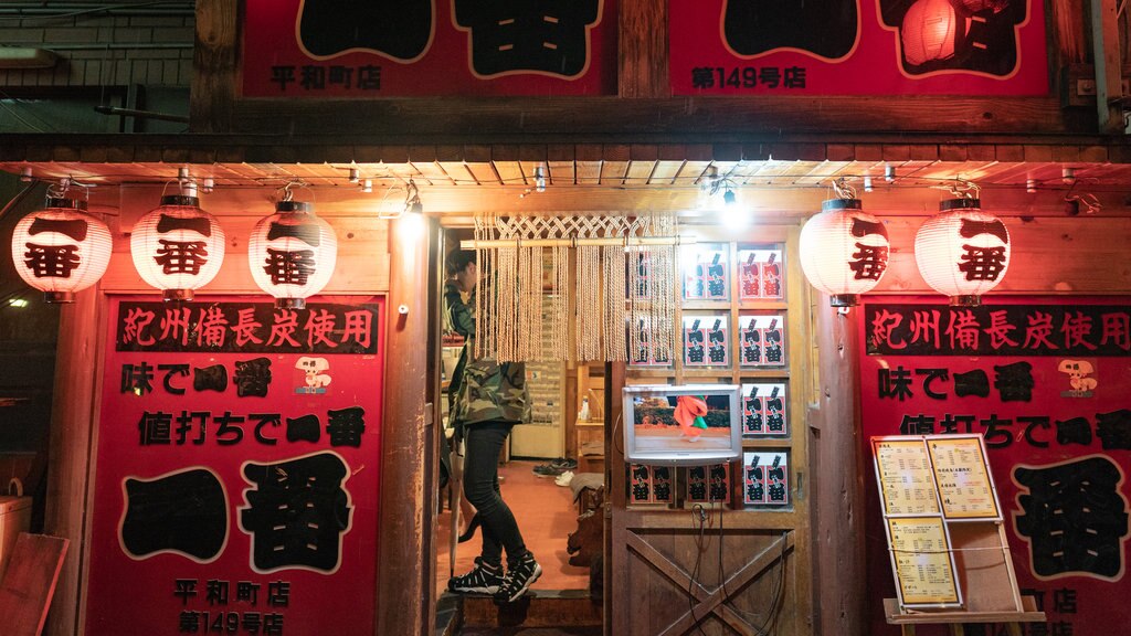 Japan featuring night scenes and signage