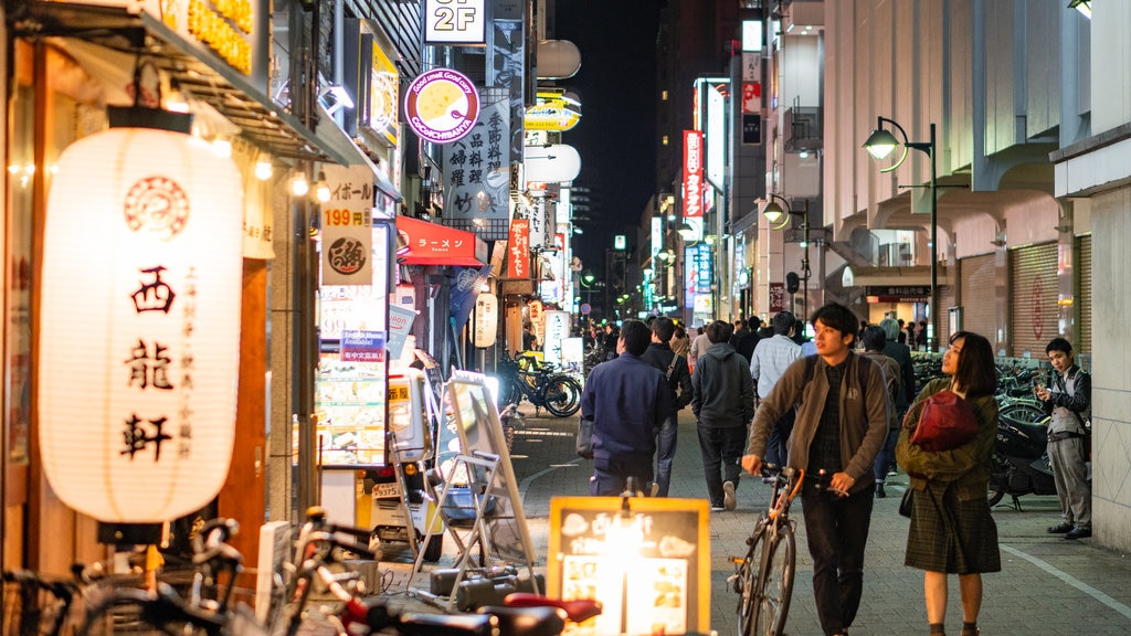 Japan featuring night scenes and street scenes as well as a couple