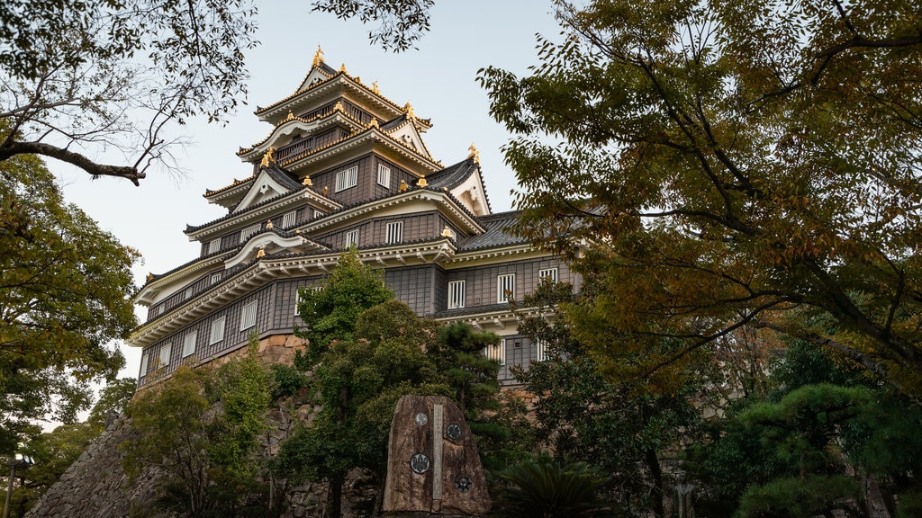 Castelo de Okayama mostrando arquitetura de patrimônio e um pôr do sol