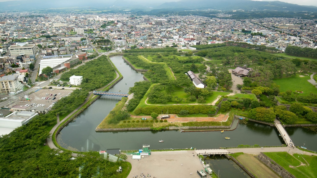 Goryokaku Tower which includes a city, a park and a river or creek