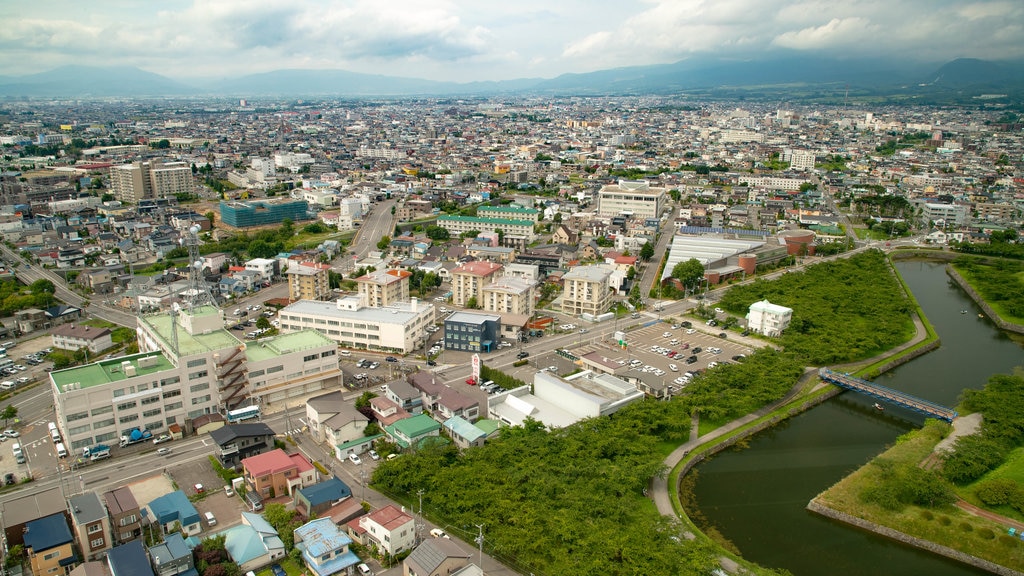 Goryokaku Tower which includes a river or creek, a city and landscape views