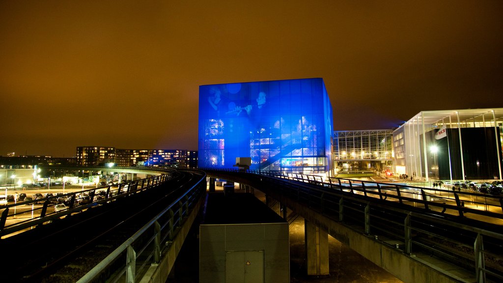 Copenhagen featuring night scenes, railway items and modern architecture