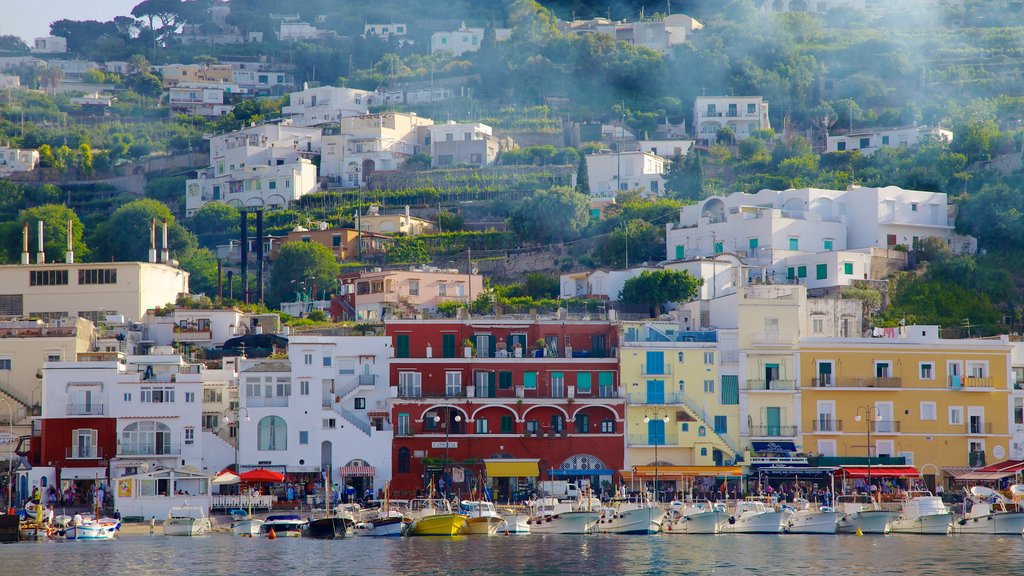 Isla Capri que incluye una ciudad costera, un club náutico y botes