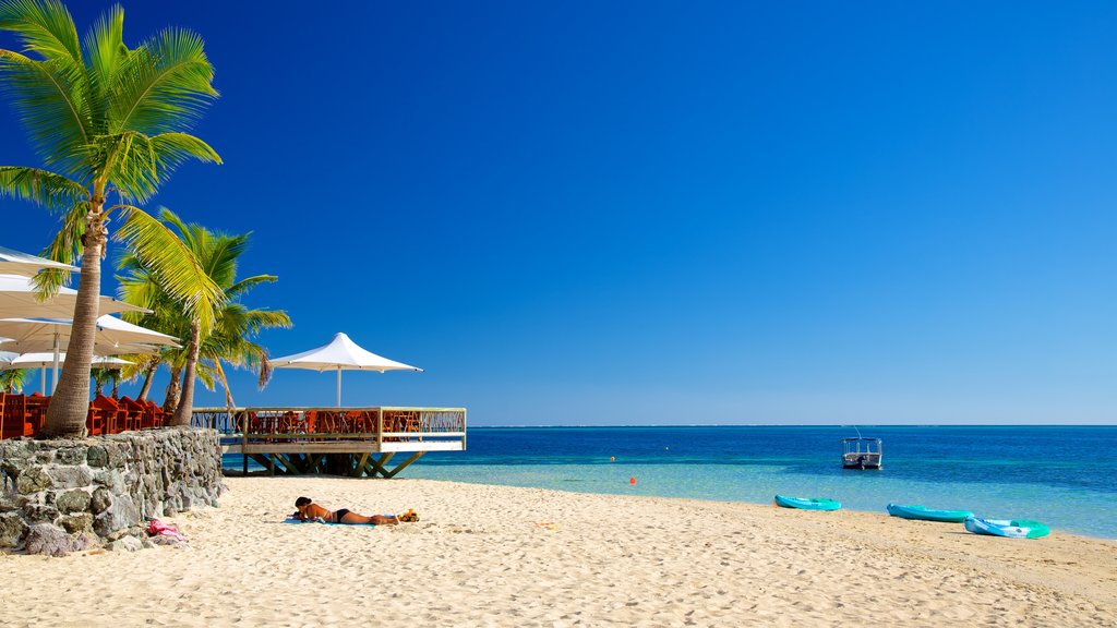 Castaway Island showing a coastal town, tropical scenes and a sandy beach