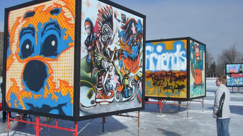 Rideau Canal showing signage, street scenes and outdoor art