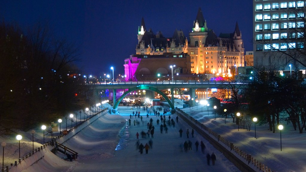 Rideau Canal showing a city, snow and nightlife