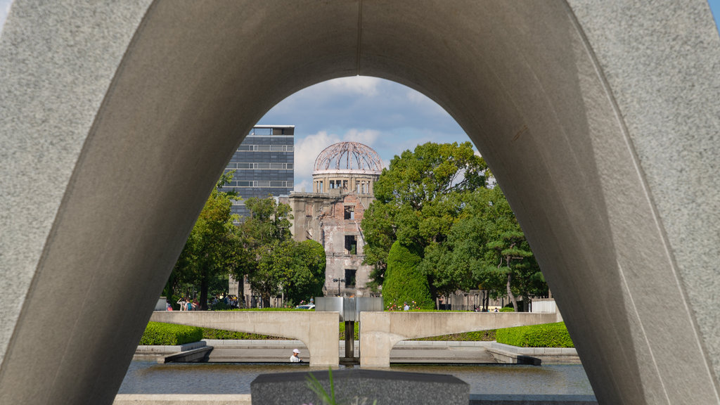 Cenotaph for the A-bomb Victims showing heritage elements and a garden