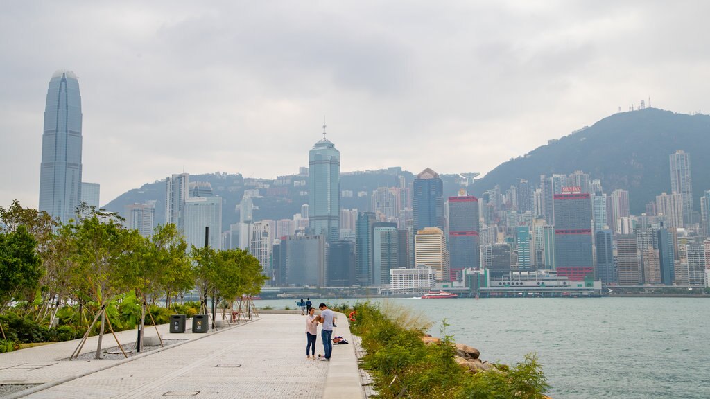 Kowloon West Promenade showing a city and a bay or harbour as well as a couple