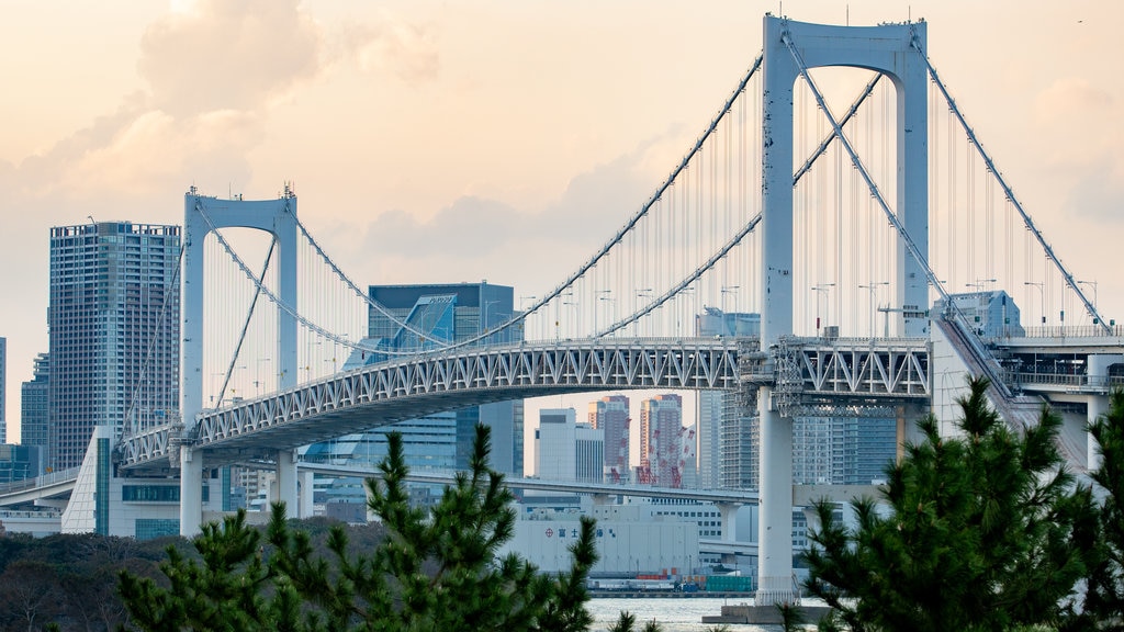 Puente del Arco Iris ofreciendo vistas de paisajes, una puesta de sol y una ciudad