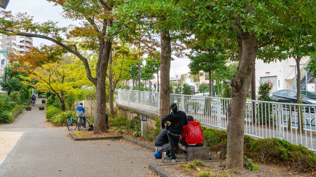 Tokyo showing a garden as well as a family