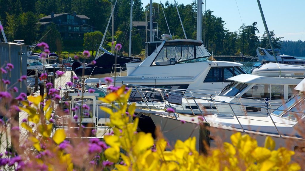 San Juan Island which includes flowers, boating and a coastal town