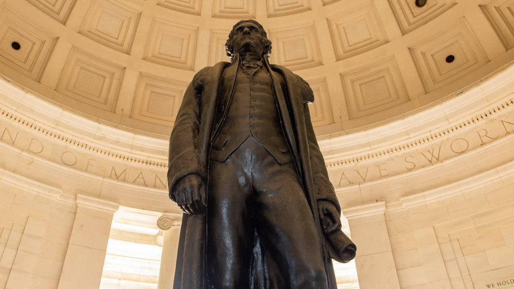 Jefferson Memorial caracterizando vistas internas, uma estátua ou escultura e elementos de patrimônio