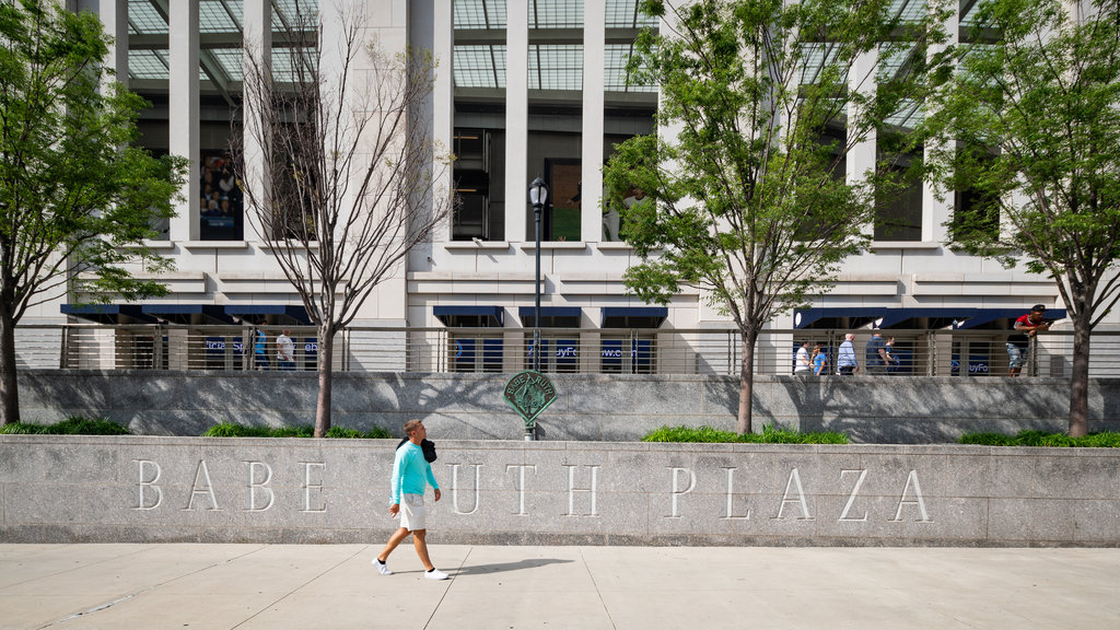 Yankee Stadium featuring street scenes and signage