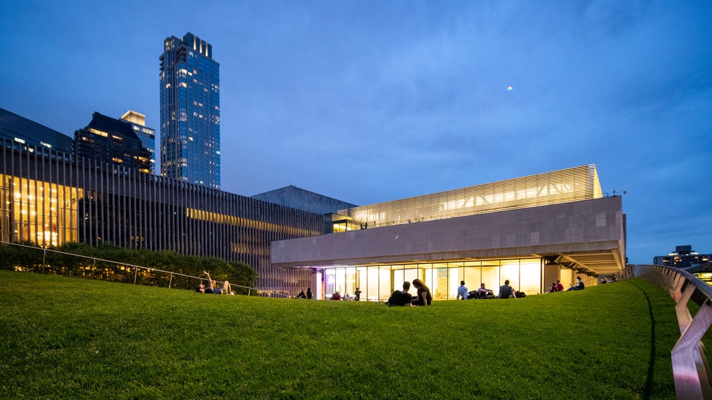 Lincoln Center mostrando cenas noturnas e um jardim