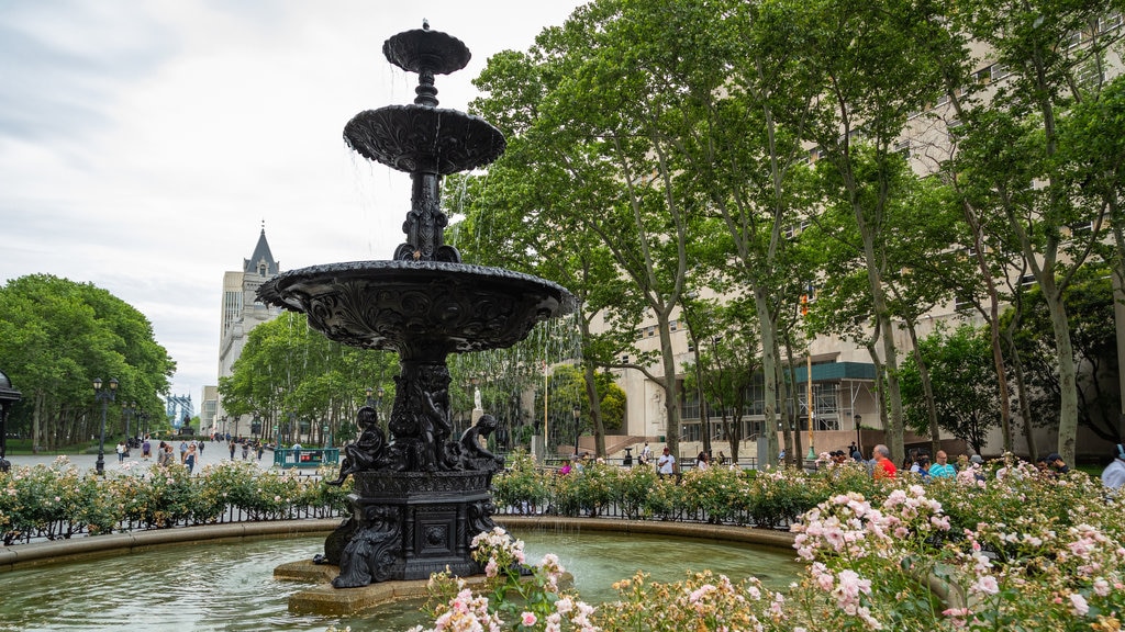 Brooklyn Borough Hall which includes wild flowers and a fountain