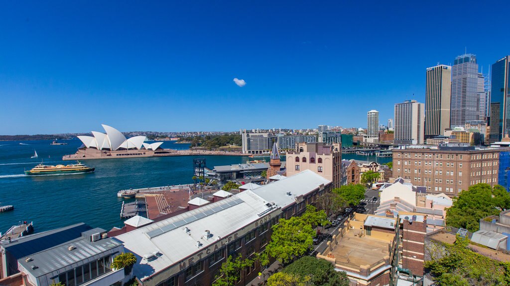 Circular Quay som omfatter en bugt eller havn, en by og et monument